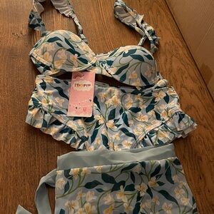 Floral Bikini 3 Piece Set with Beach Cover Up Sarong Bathing Suit Swimsuit